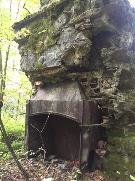 Chimney from Kress hunting lodge, in woods beyond Hall cabin