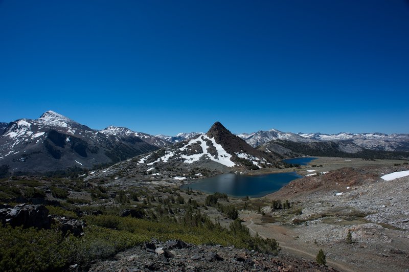 View of the Upper and Middle Gaylor Lakes, Gaylor Peak, and surrounding peaks.