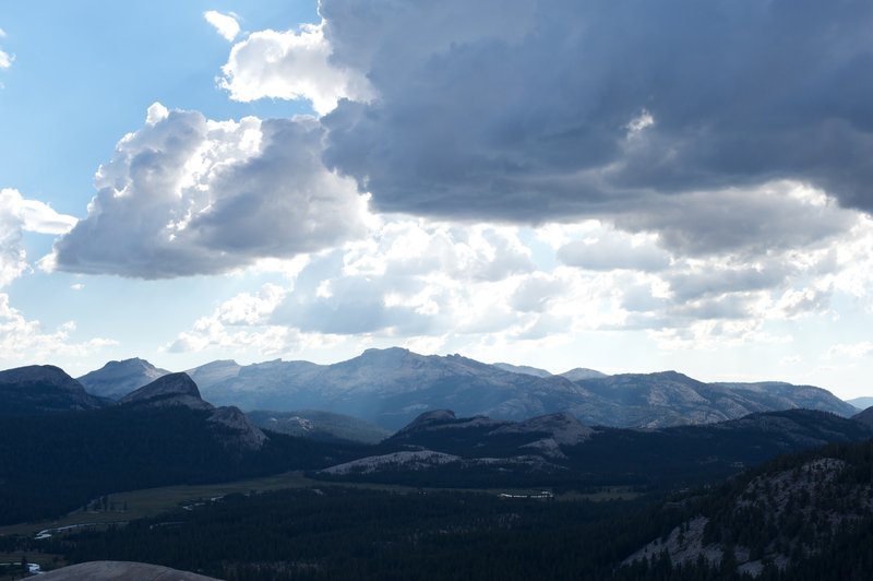 Tuolumne Meadows and clouds from the top of Lembert Dome