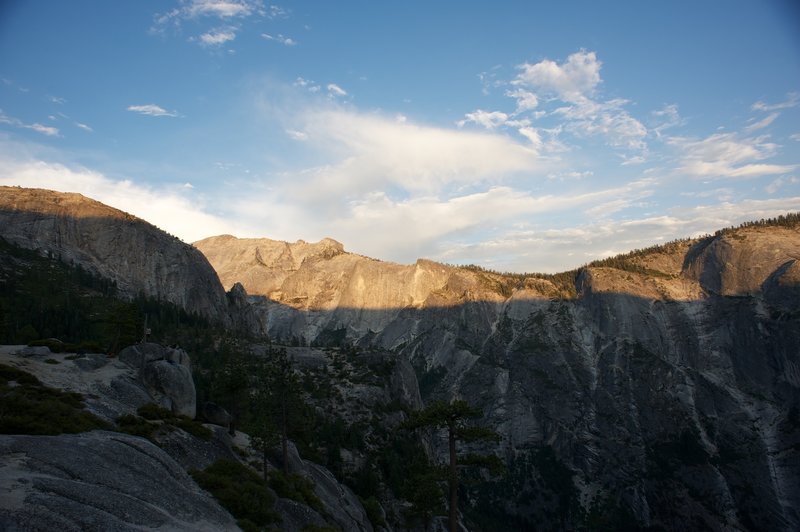 Mount Watkins, Cloud's Rest, and the Quarter Domes rise across Tenaya Canyon.   Snow Creek provides outstanding views of Tenaya Canyon and the granite mountains on the other side.