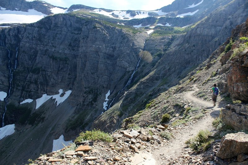 Steep switchbacks from Swiftcurrent Pass.