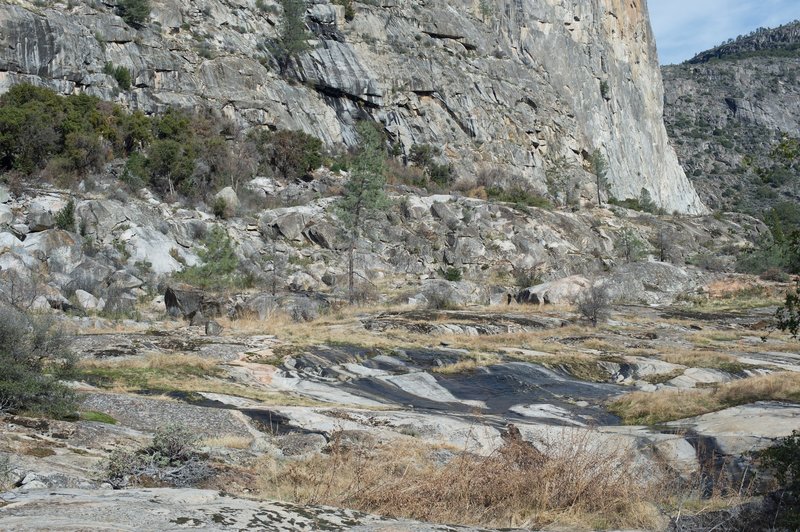 Water makes its way toward to the Hetch Hetchy Reservoir as it flows over part of the trail.