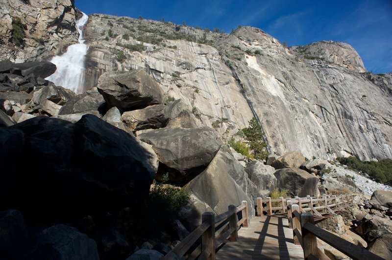 Footbridges will bring you close to the base of the Wapama waterfall.