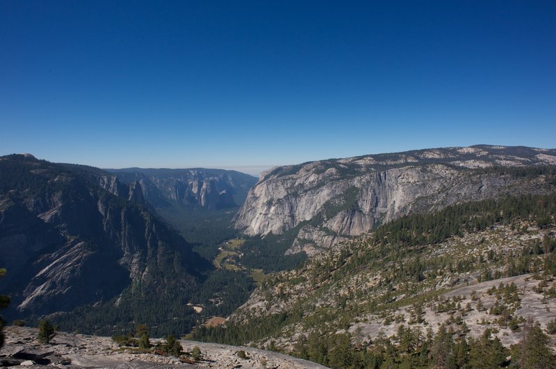 View of Yosemite Valley, 3 Brothers, El Capitan, and Sentinel Dome from North Dome. One of the spectacular views you get from this hike.