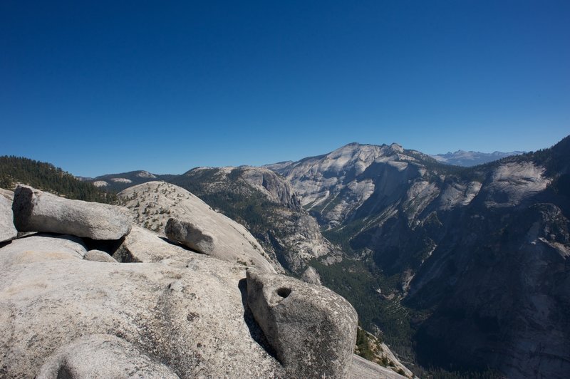 Basket Dome, Mount Watkins, Clouds Rest and Quarter Domes up Tenaya Canyon.