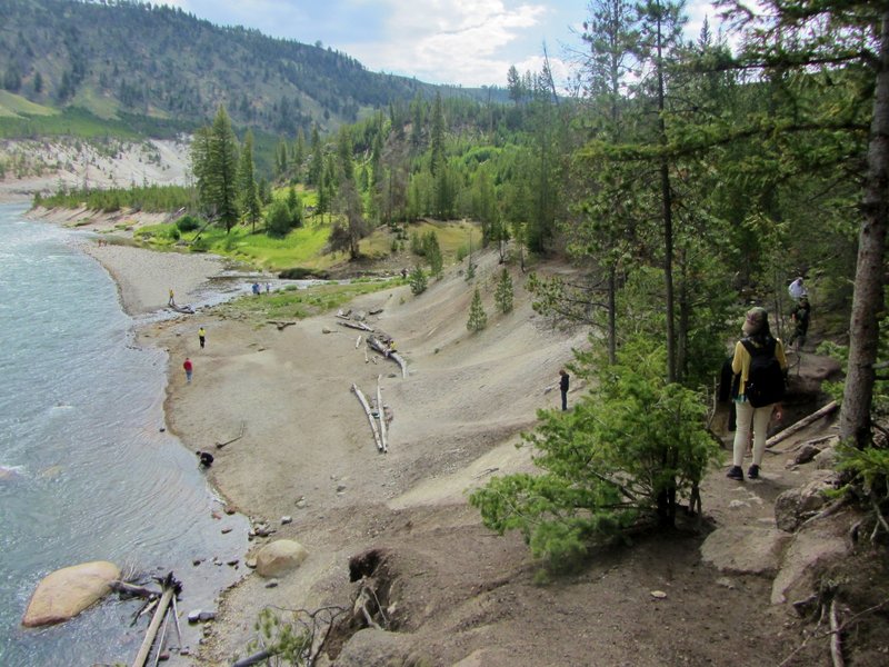 Hikers reach the end of the trail at the Yellowstone River.