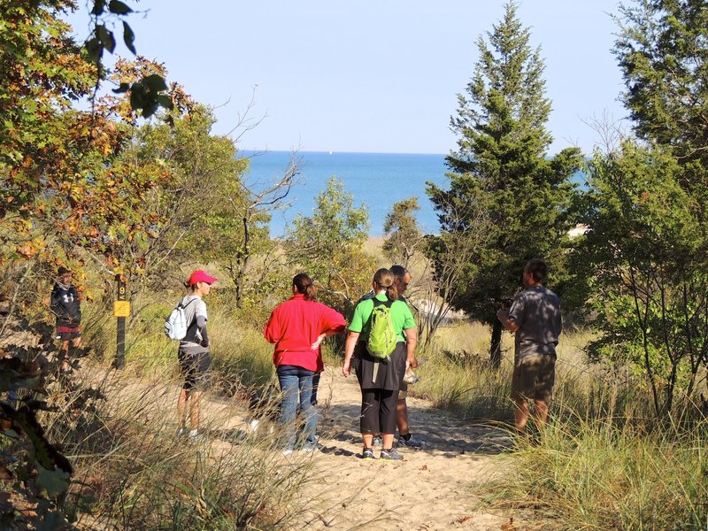 Pausing to take in the first views of Lake Michigan.