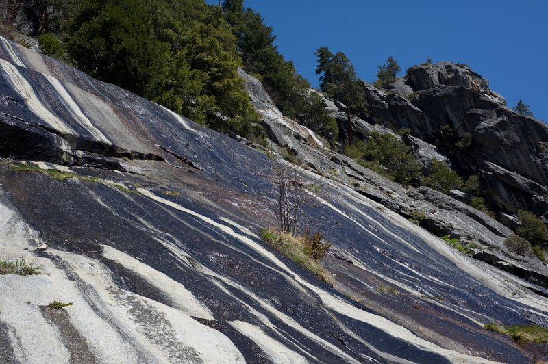 In the Spring, water works its way down the rock faces as the snow melts in the high country.