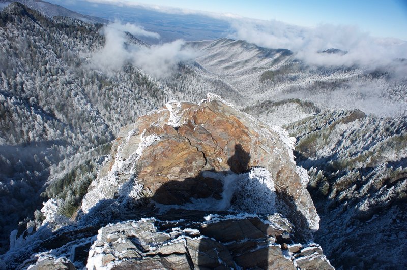 Charlie's Bunion looking out across the snow covered valley.