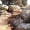 Looking up the trail in January. Mud, snow, and cool rock outcroppings.