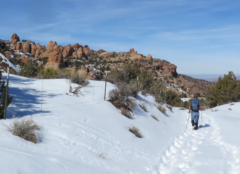 Snow hiking in T-shirt weather, gotta love Moab area hiking.