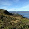 Looking back along the path, with the entrance to Wellington's harbor in the background.