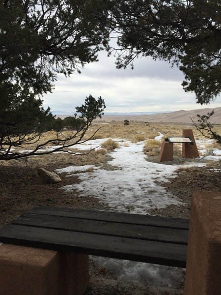 Benches and signs along the Sand Sheet Loop Trail.