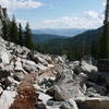 The talus slope below Alice Lake as seen from the Pettit Creek Trail, looking at the White Cloud Wilderness.