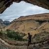 Running past one of the many caves in the area.