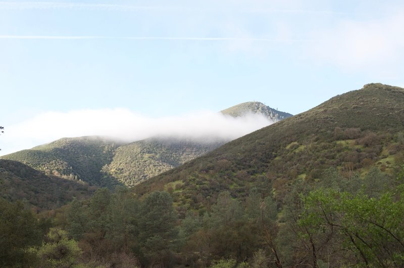 Clouds hug the hills above the trail. The area is green due to it being winter and the rains providing moisture in this dry region.