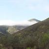 Clouds hug the hills above the trail. The area is green due to it being winter and the rains providing moisture in this dry region.