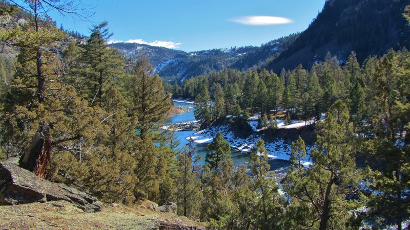 Looking up the Yellowstone River just above the suspension bridge crossing.