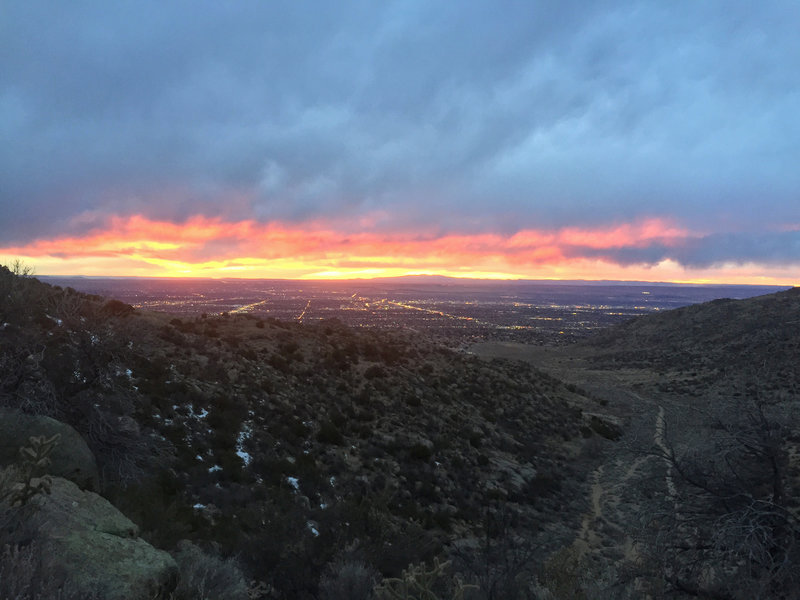 Embudo Horse Trail's higher route provides several scenic overlooks of Albuquerque. Embudo Trail is visible to the right.