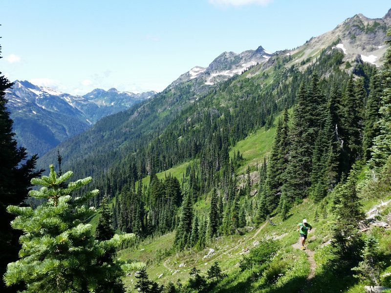 Nearing the top of Lacrosse pass. Climbing out of the Duckabush River Valley, facing West.