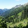 Nearing the top of Lacrosse pass. Climbing out of the Duckabush River Valley, facing West.