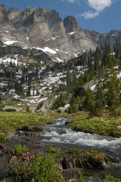 The sheer rock walls of the Continental Divide loom majestically over open meadows and early summer snow.