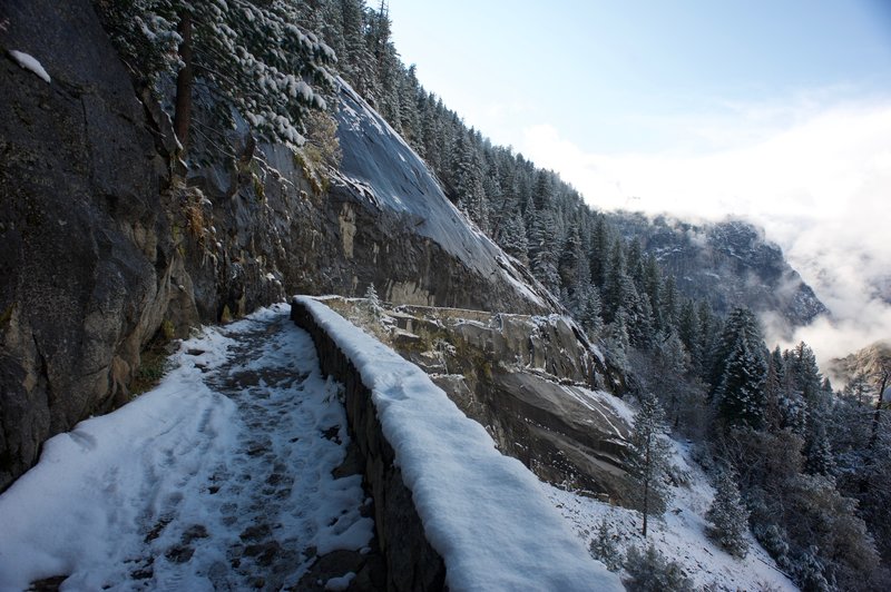 The ice-cut, running under Panorama Cliffs, is part of the Muir Trail that closes in the winter due to ice and other hazardous winter conditions.  This was after a snow fall in early November that blanketed the valley.