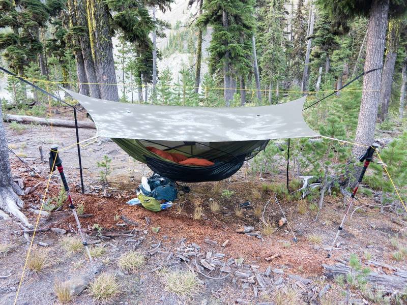 A frosty morning at Cliff Lake.  You can see the lack of frost on the ground under my hammock/tarp.