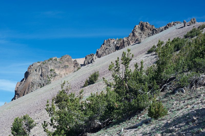 The side of Lassen Peak is made up of volcanic rock.  The large rock formations are called spines, formed when lab broke through the volcano's outer surface and pushed skyward.