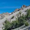 The side of Lassen Peak is made up of volcanic rock.  The large rock formations are called spines, formed when lab broke through the volcano's outer surface and pushed skyward.