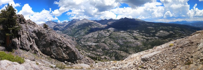 View east across the North Fork San Joaquin River canyon of the Ritter Range, Minarets and the High Sierra beyond.