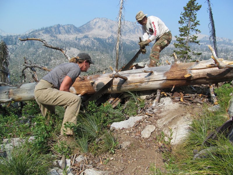 Idaho Trails Association volunteers cutting logs out of the Hum Lake Trail.