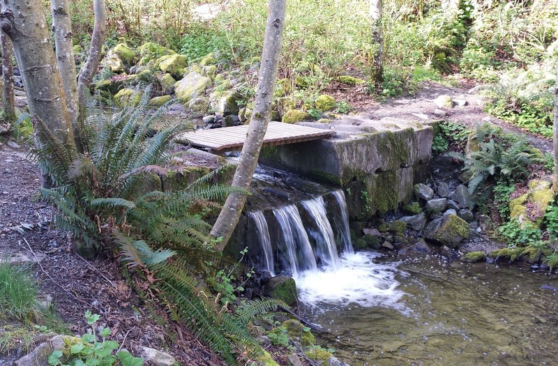 There are 3 places with small bridges where you can cross to the MUCH steeper south side.