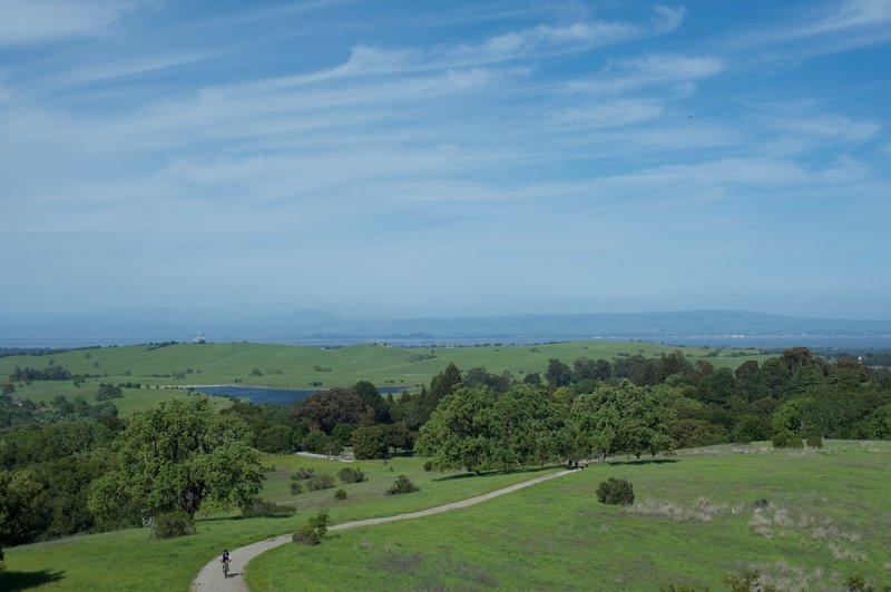 Felt Lake, Stanford Dish, and the East Bay stretch out before you from the trail.