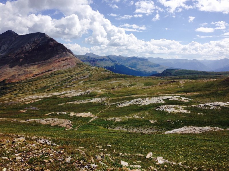 View from the top of the pass (high point) down to where you'll be heading.