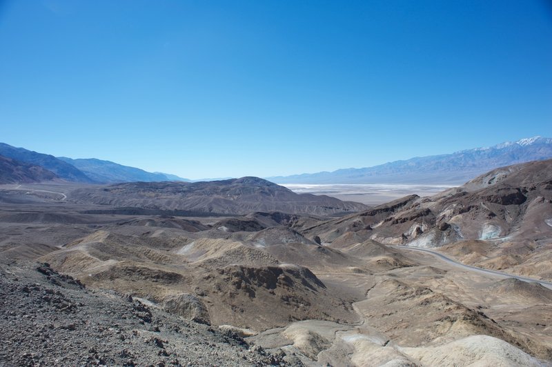 Badwater and the salt flats found there sit off in the distance.