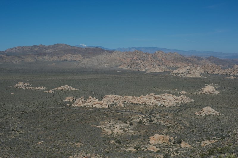 Rock formations and Joshua Trees spread out before you as the trail climbs the mountain.