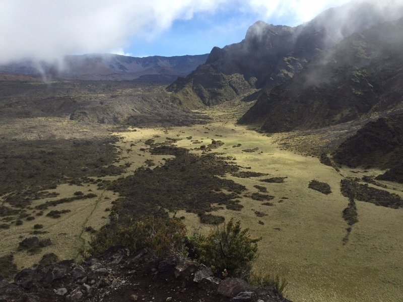 Halemau'u Trail crossing Ko'olau Gap and to Holua Cabin in background.