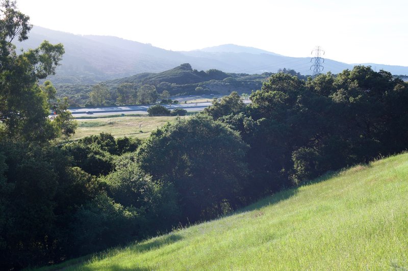 Views of I-280 and the Santa Cruz Mountains in the late afternoon as the Franciscan Trail departs the Ridgeview Trail.