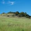 On the lefthand side of the trail, a rock field emerges from the grasslands above the trail.