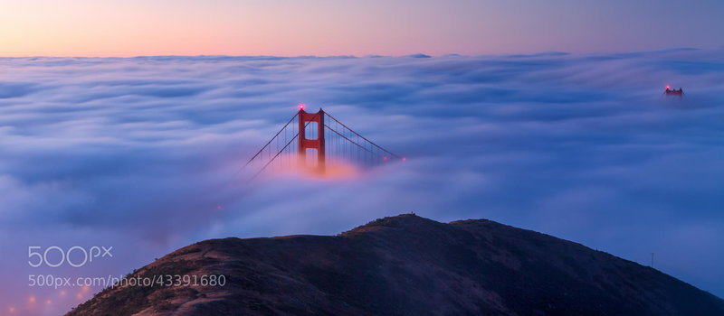 The Golden Gate Bridge shrouded in fog.