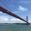 Looking up at the Golden Gate bridge.