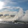 Clepsydra geyser is in almost constant eruption from several vents. Its name is Greek for water clock, because the geyser used to erupt regularly every three minutes. Since the 1959 Hebgen earthquake, however, Clepsydra erupts almost without pause.