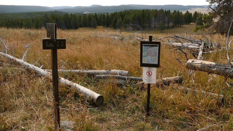 This photo is actually for the Sour Creek Trail junction with Wapiti Lake, but is relevant for this trail as well.