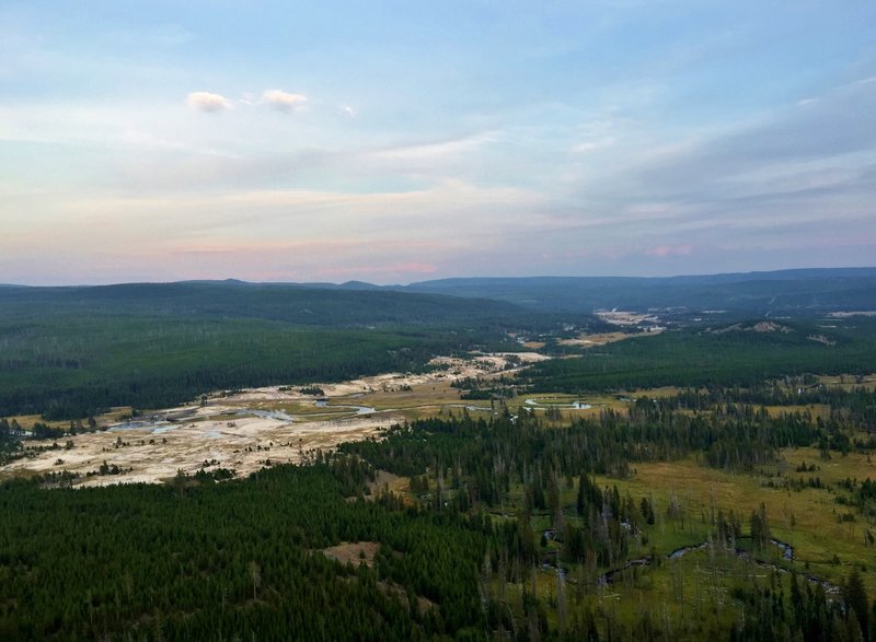 Sunset from the Lookout over the Upper Geyser Basin (on Mystic Falls Loop hike).