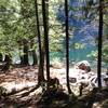 A campsite along the northwest side of the lake, prior to Lena Creek, closer to the bathrooms