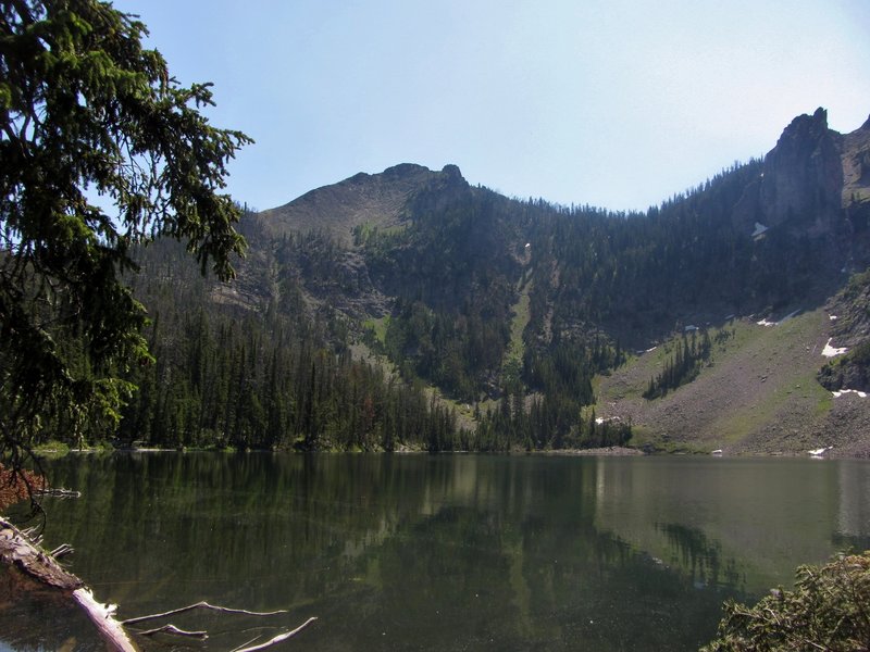 Crescent Lake is surrounded on three sides by craggy mountains.