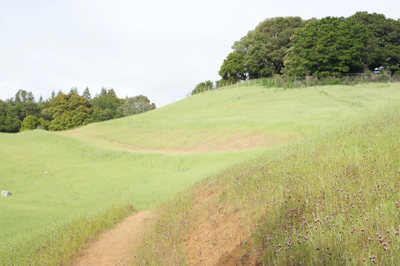 The trail wraps along the hillsides.