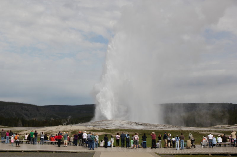 Crowd watching the drama of Old Faithful.