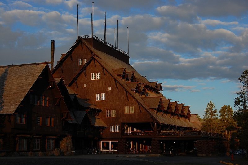 The Old Faithful Inn at sunset.